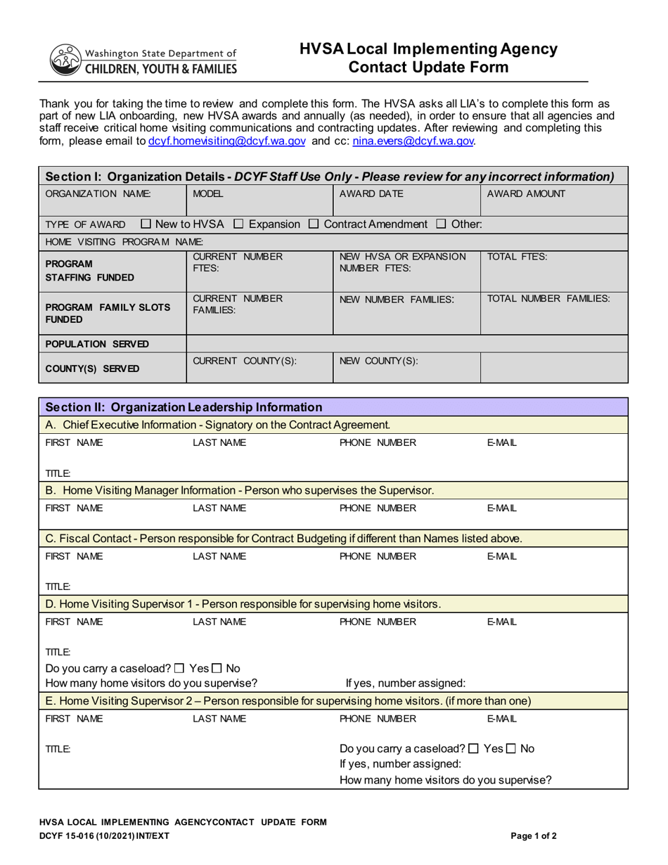 DCYF Form 15-016 Hvsa Local Implementing Agency Contact Update Form - Washington, Page 1