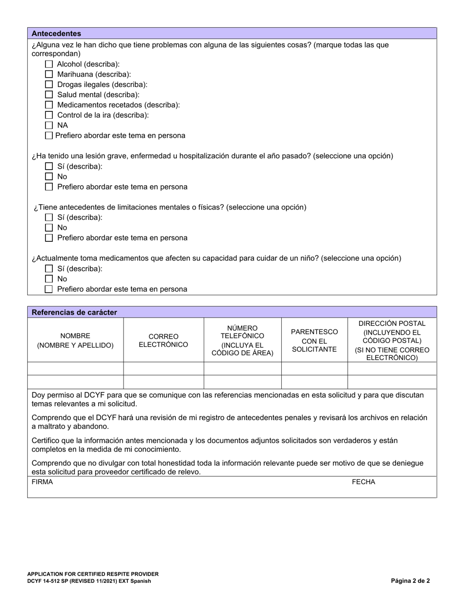 DCYF Formulario 14-512 Solicitud Para Proveedor Certificado De Relevo - Washington (Spanish), Page 2