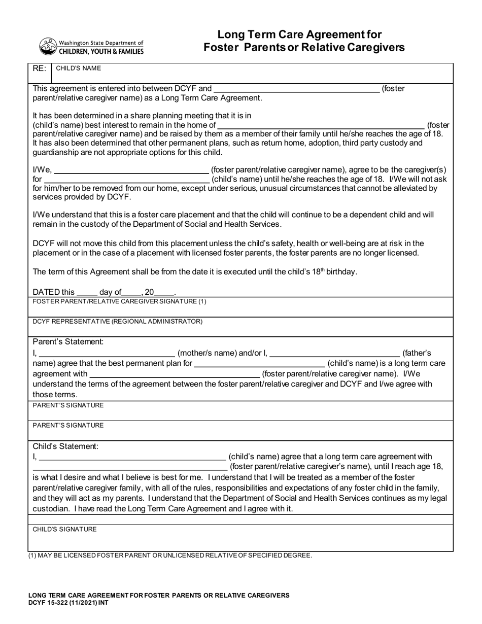 DCYF Form 15-322 Long Term Care Agreement for Foster Parents or Relative Caregivers - Washington, Page 1