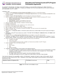 Document preview: DCYF Form 15-368 Education and Training Voucher (Etv) Program Participation Agreement - Washington