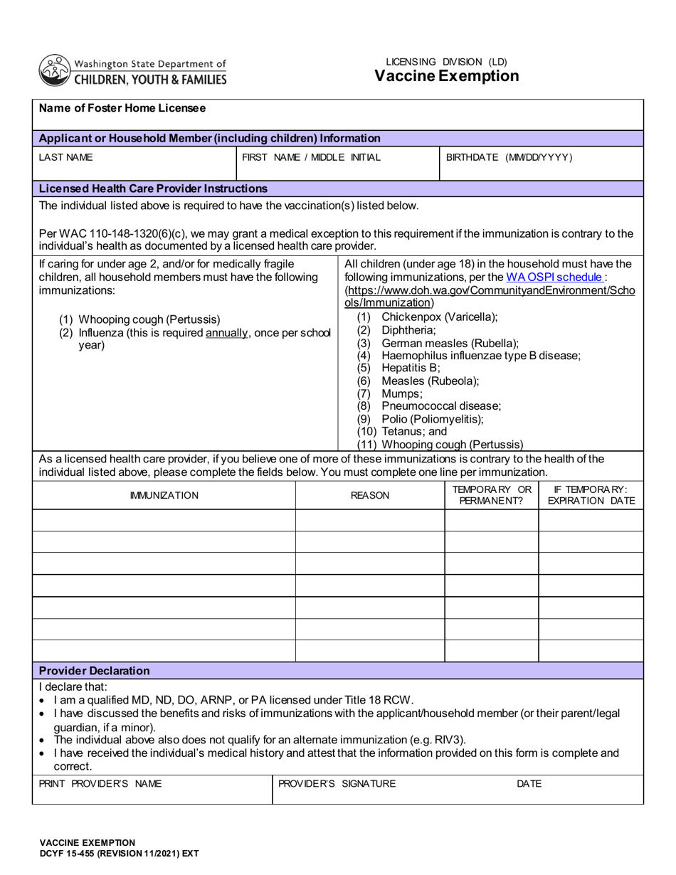 DCYF Form 15-455 Vaccine Exemption - Washington, Page 1