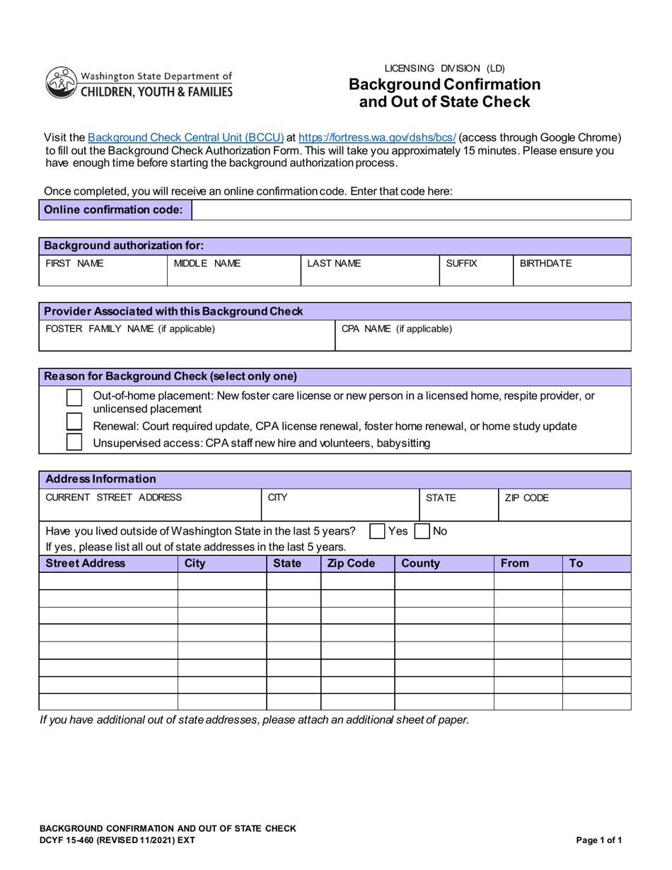 DCYF Form 15-460 Background Confirmation and out of State Check - Washington, Page 1