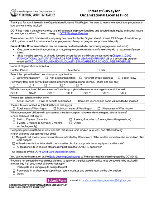 DCYF Form 15-720 Interest Survey for Organization License Pilot - Washington