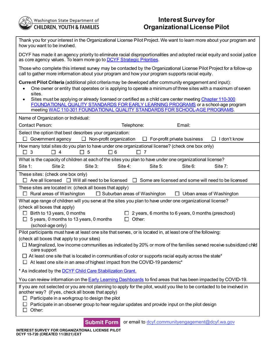 DCYF Form 15-720 Interest Survey for Organization License Pilot - Washington, Page 1