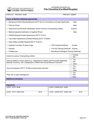 Document preview: DCYF Form 16-225 File Checklist (Certified Respite) - Washington