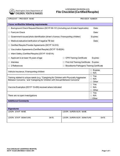 DCYF Form 16-225  Printable Pdf