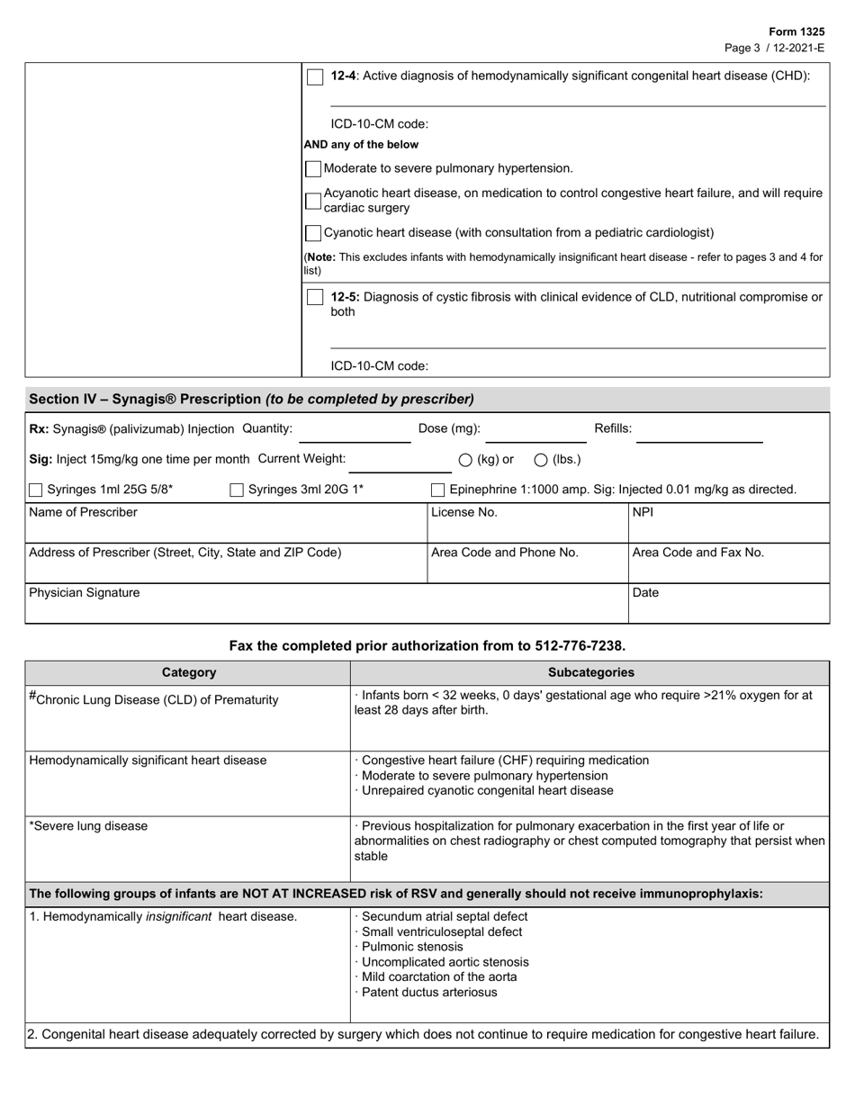 Form 1325 Synagis Prior Authorization Addendum (Cshcn) - Texas, Page 3