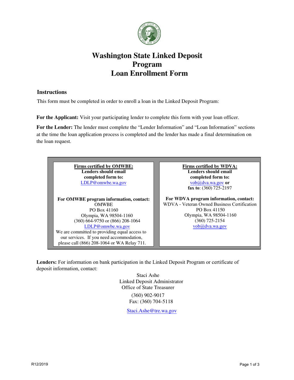 Loan Enrollment Form - Washington State Linked Deposit Program - Washington, Page 1