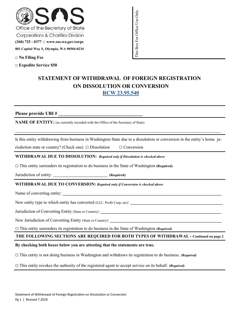 Statement of Withdrawal of Foreign Registration on Dissolution or Conversion - Washington, Page 1