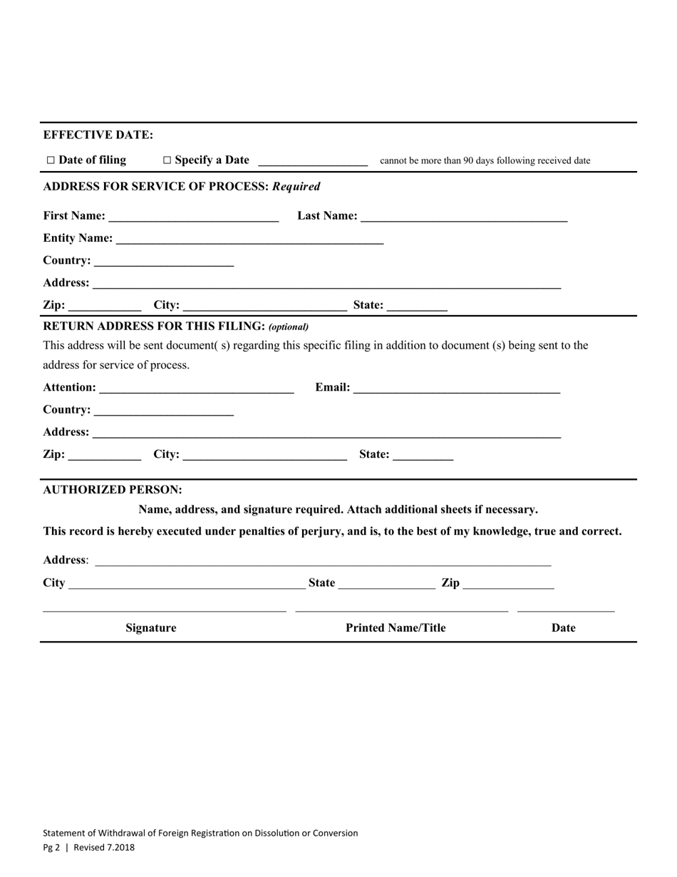 Statement of Withdrawal of Foreign Registration on Dissolution or Conversion - Washington, Page 2