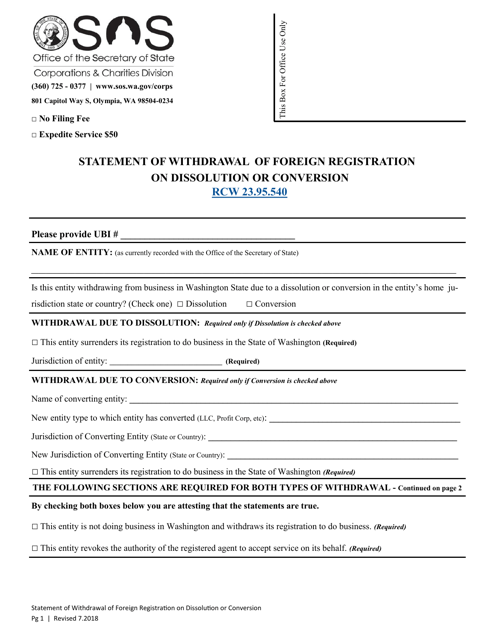 Statement of Withdrawal of Foreign Registration on Dissolution or Conversion - Washington Download Pdf