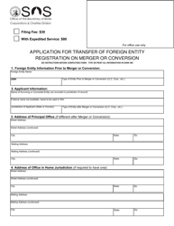 Document preview: Application for Transfer of Foreign Entity Registration on Merger or Conversion - Washington