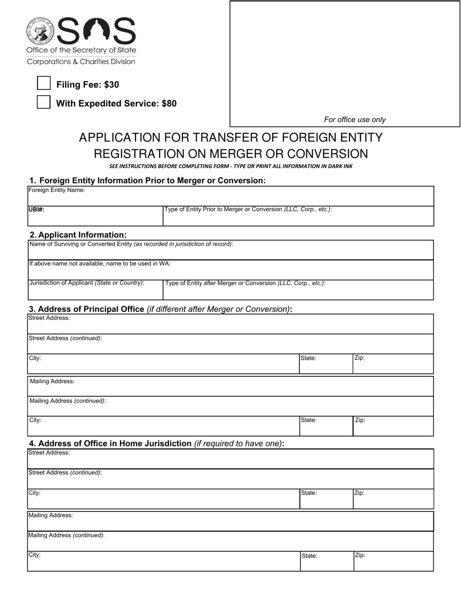 Application for Transfer of Foreign Entity Registration on Merger or Conversion - Washington, Page 1