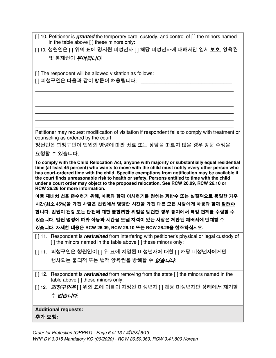 Form WPF DV3.015 Order for Protection - Washington (English / Korean), Page 6