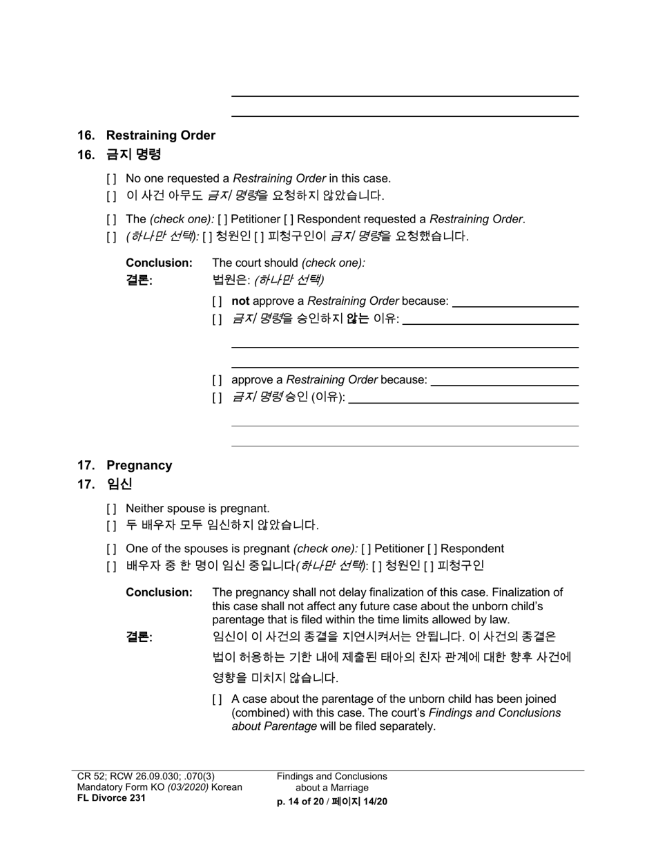 Form FL Divorce231 Findings and Conclusions About a Marriage - Washington (English / Korean), Page 14