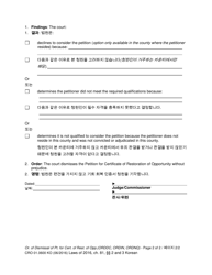 Form CRO01.0600 Order of Dismissal of Petition for Certificate of Restoration of Opportunity - Washington (English/Korean), Page 2