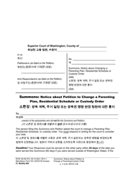 Document preview: Form FL Modify600 Summons: Notice About Petition to Change a Parenting Plan, Residential Schedule or Custody Order - Washington (English/Korean)