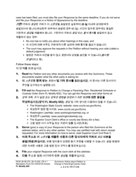 Form FL Modify600 Summons: Notice About Petition to Change a Parenting Plan, Residential Schedule or Custody Order - Washington (English/Korean), Page 2
