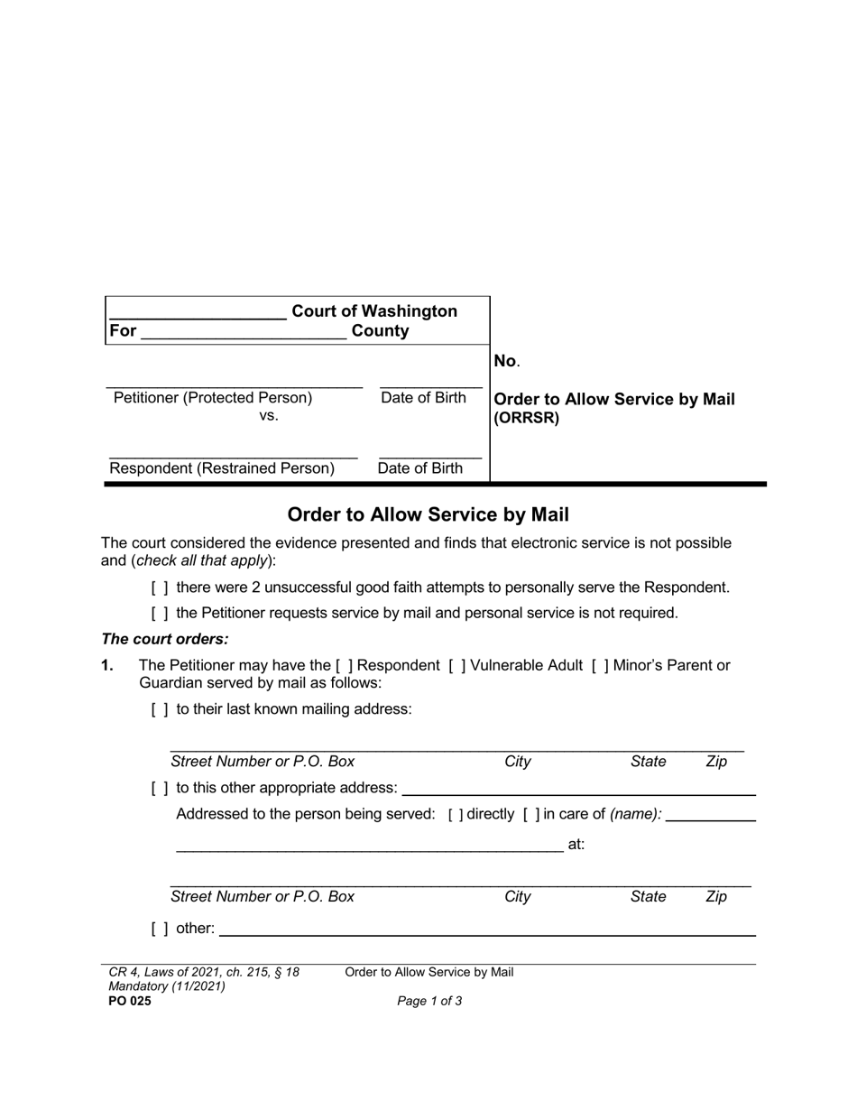 Form PO025 Order to Allow Service by Mail - Washington, Page 1