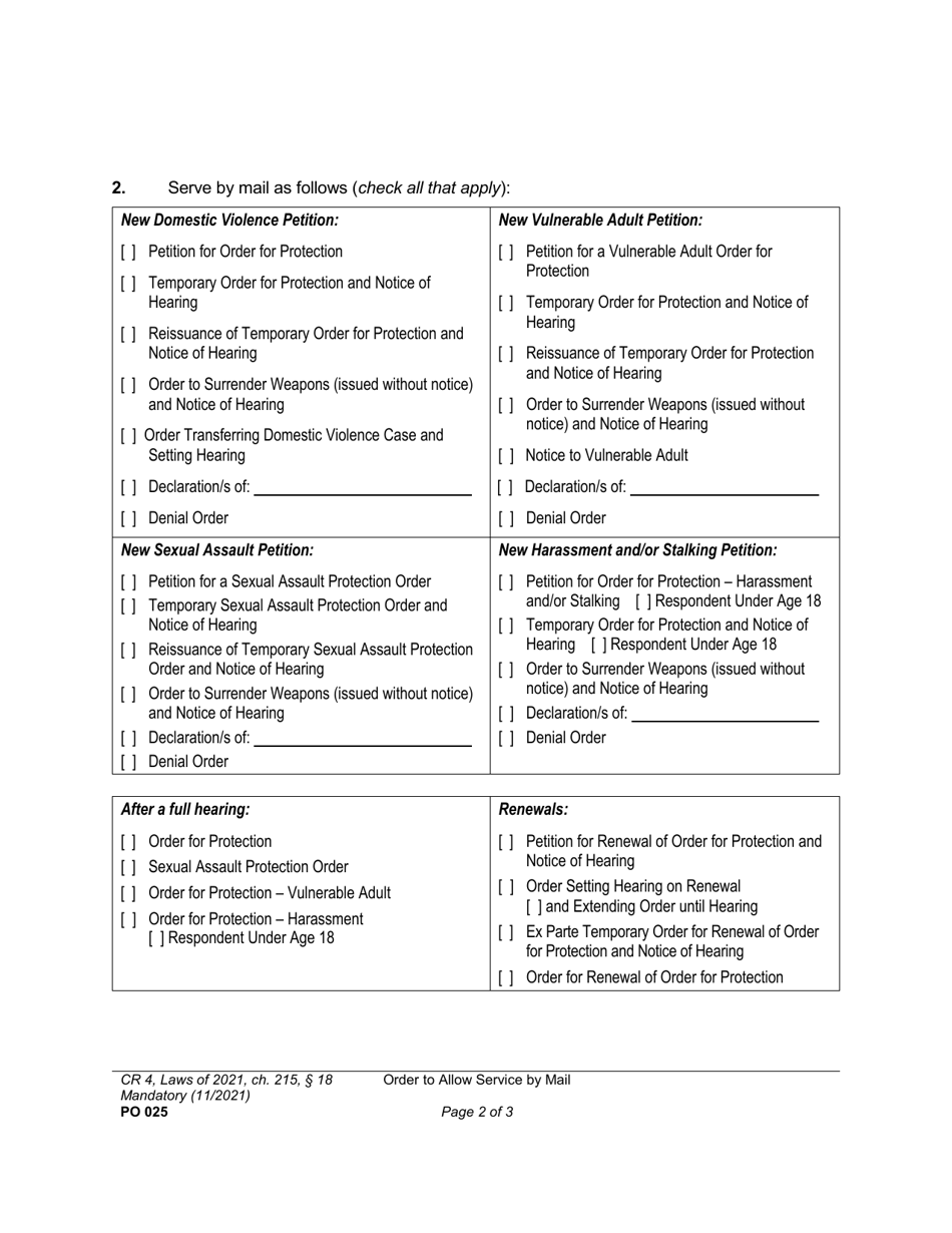 Form PO025 Order to Allow Service by Mail - Washington, Page 2