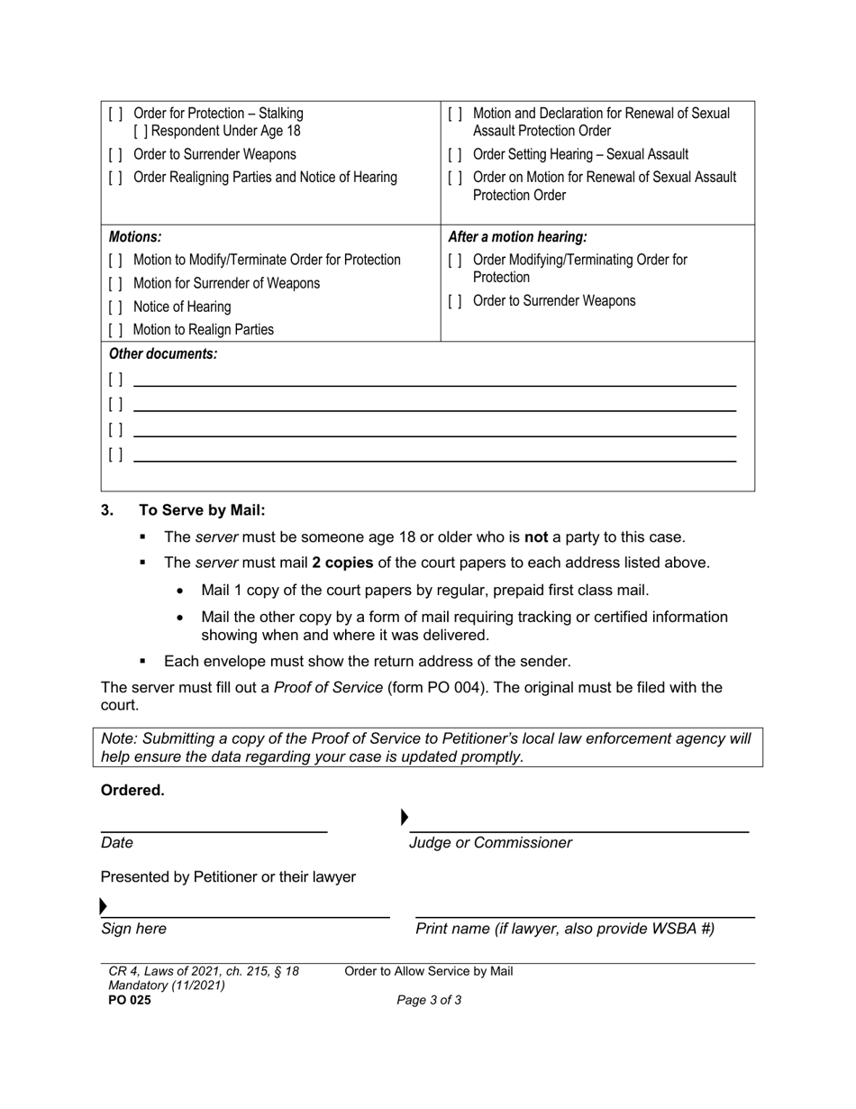 Form PO025 Order to Allow Service by Mail - Washington, Page 3