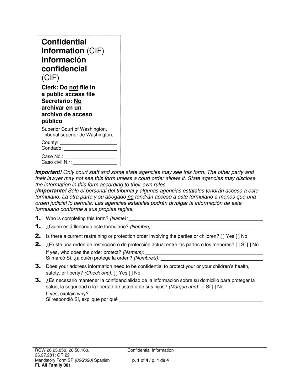 Form FL All Family001 Confidential Information (Cif) - Washington (English / Spanish), Page 1