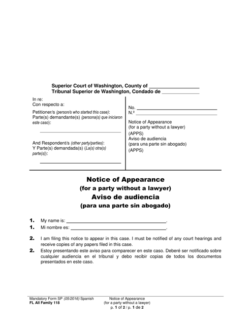 Form FL All Family118 Notice of Appearance (For a Party Without a Lawyer) - Washington (English/Spanish)