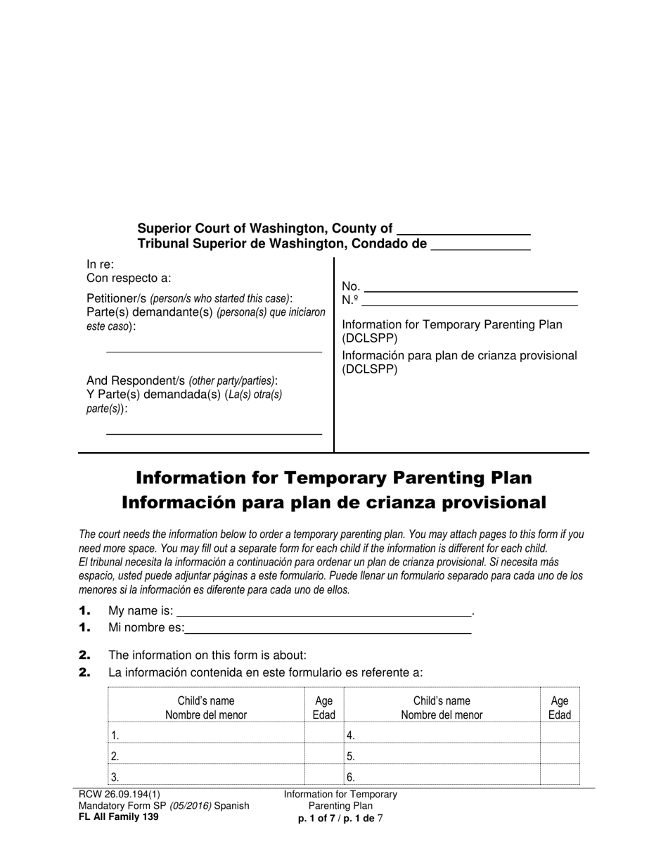 Form FL All Family139 Information for Temporary Parenting Plan - Washington (English / Spanish), Page 1