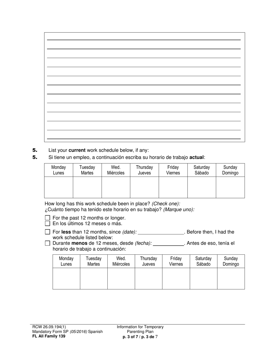 Form FL All Family139 Information for Temporary Parenting Plan - Washington (English / Spanish), Page 3