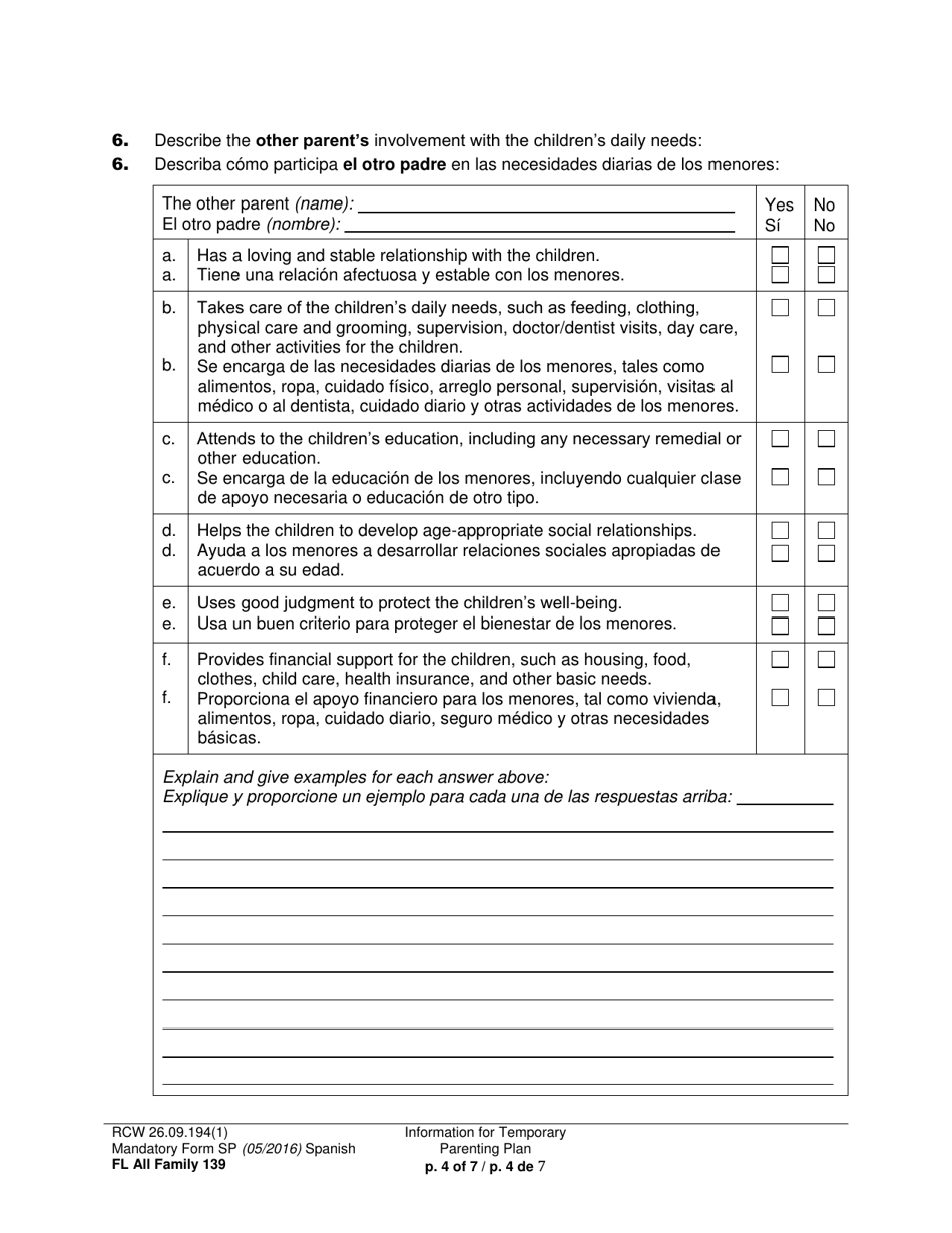 Form FL All Family139 Information for Temporary Parenting Plan - Washington (English / Spanish), Page 4