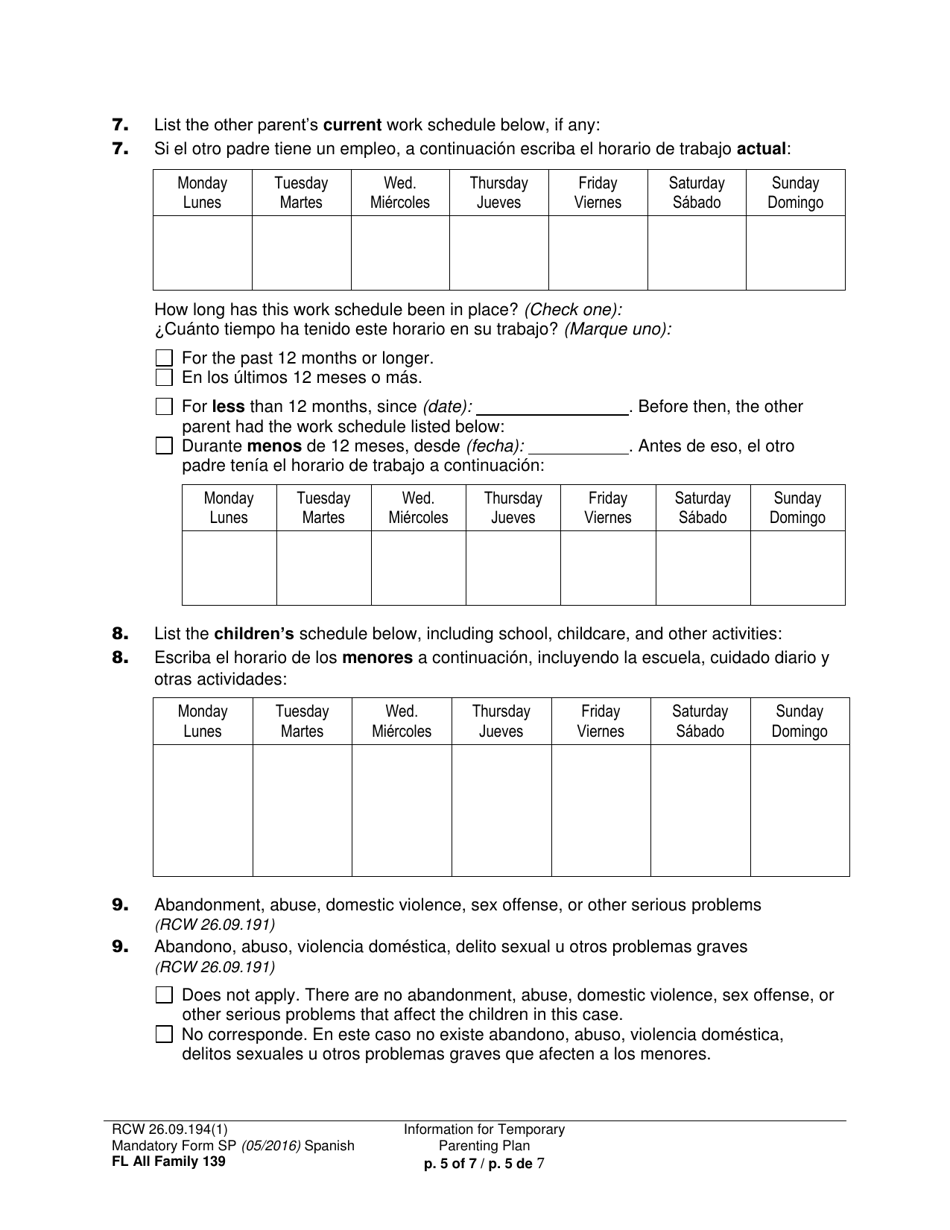 Form FL All Family139 Information for Temporary Parenting Plan - Washington (English / Spanish), Page 5
