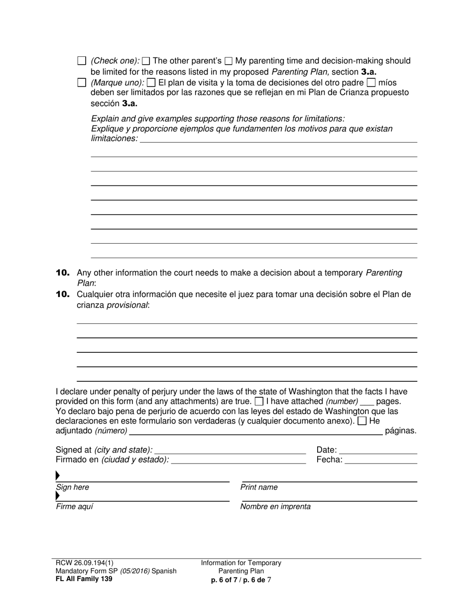 Form FL All Family139 Information for Temporary Parenting Plan - Washington (English / Spanish), Page 6