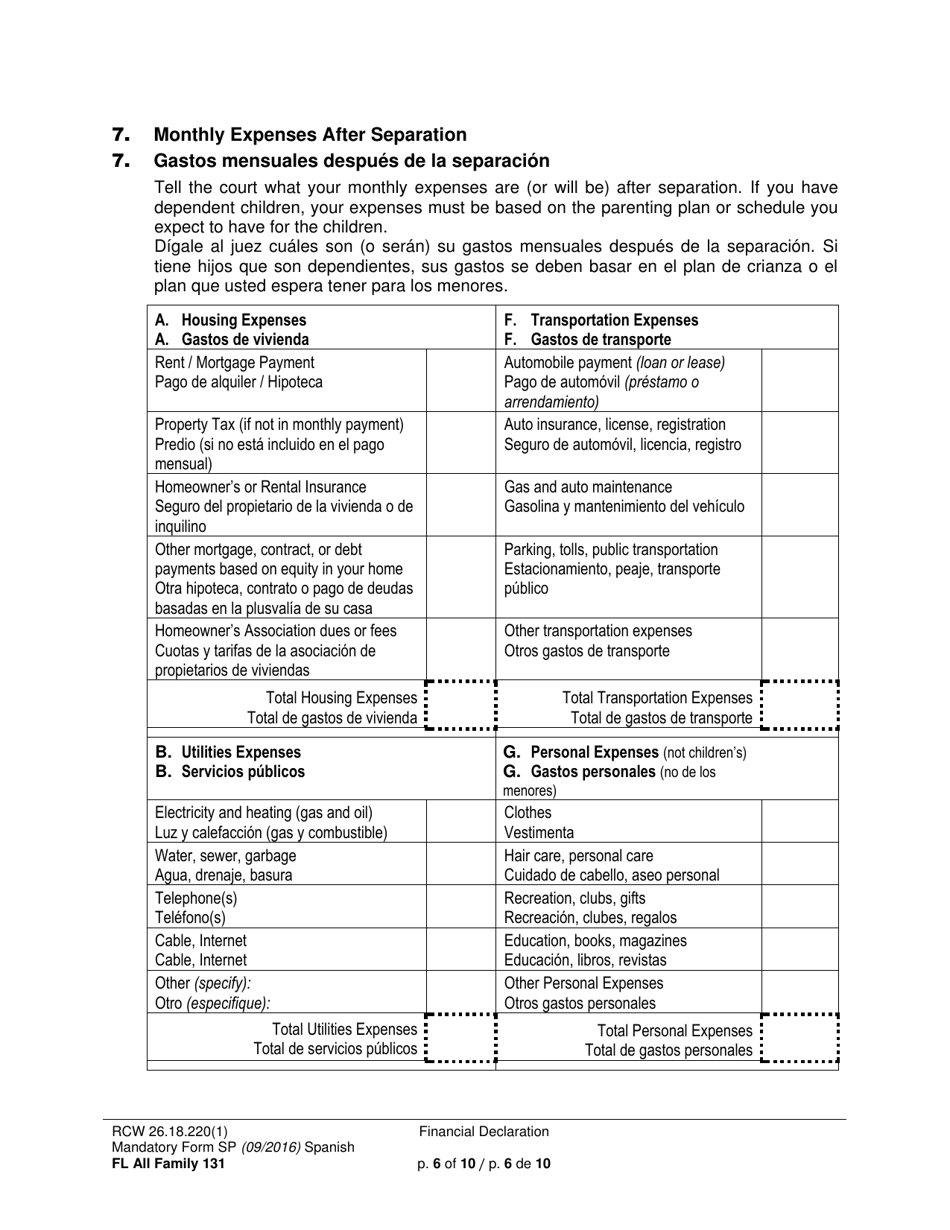 Form FL All Family131 Financial Declaration - Washington (English / Spanish), Page 6