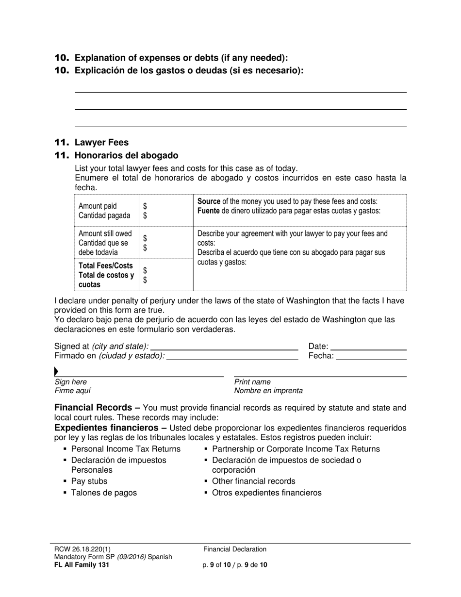 Form FL All Family131 Financial Declaration - Washington (English / Spanish), Page 9