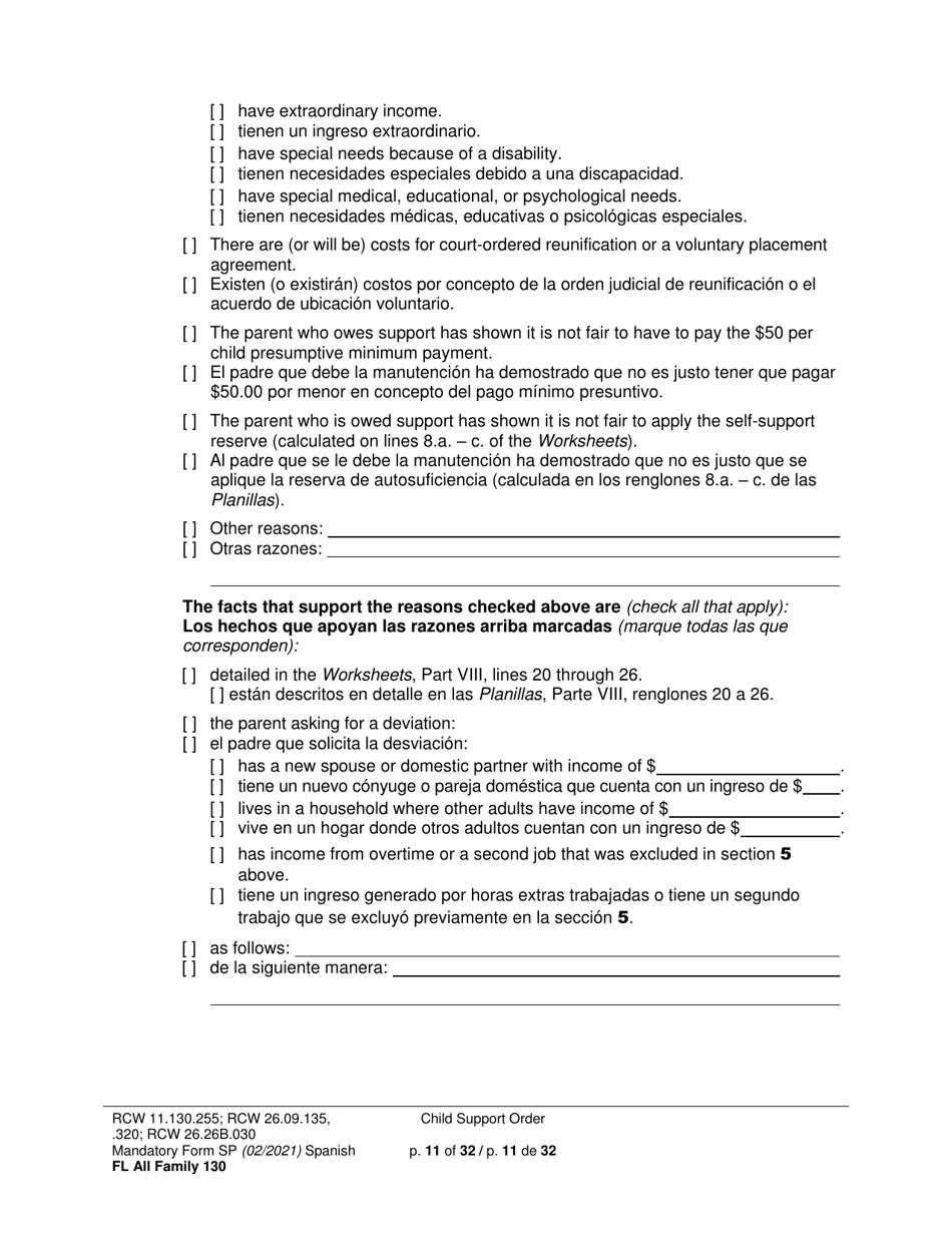 Form FL All Family130 Child Support Order - Washington (English / Spanish), Page 11