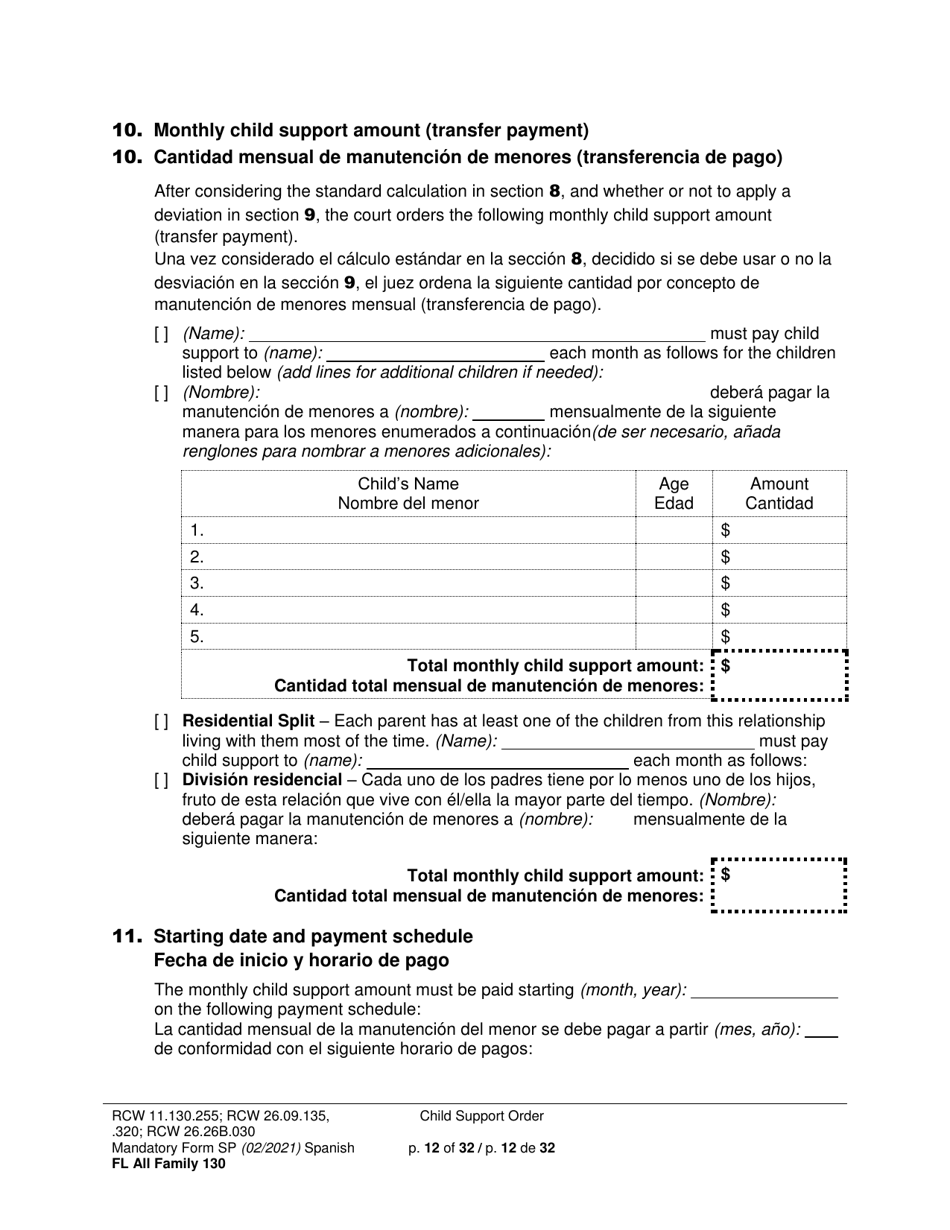 Form FL All Family130 Child Support Order - Washington (English / Spanish), Page 12