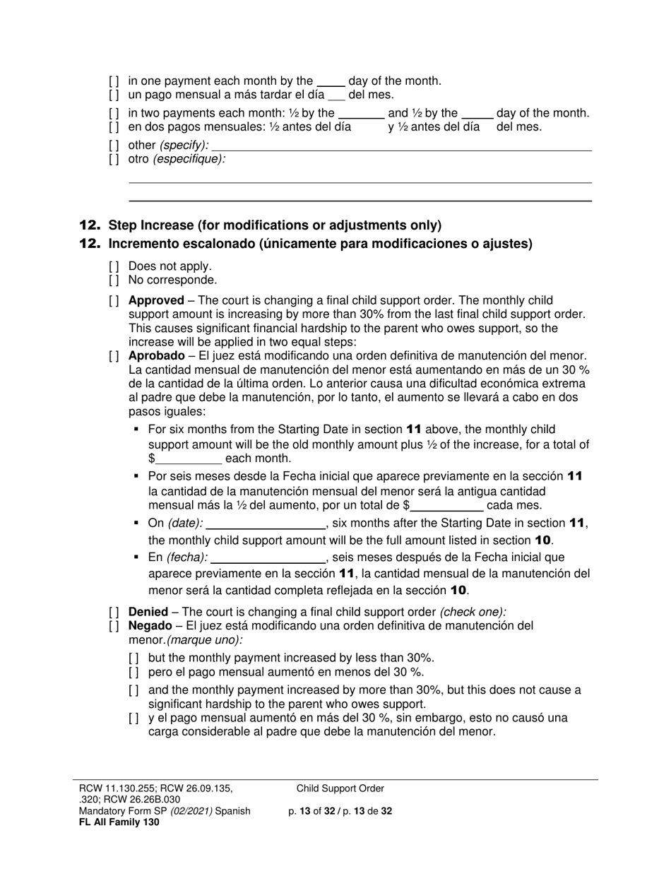 Form FL All Family130 Child Support Order - Washington (English / Spanish), Page 13