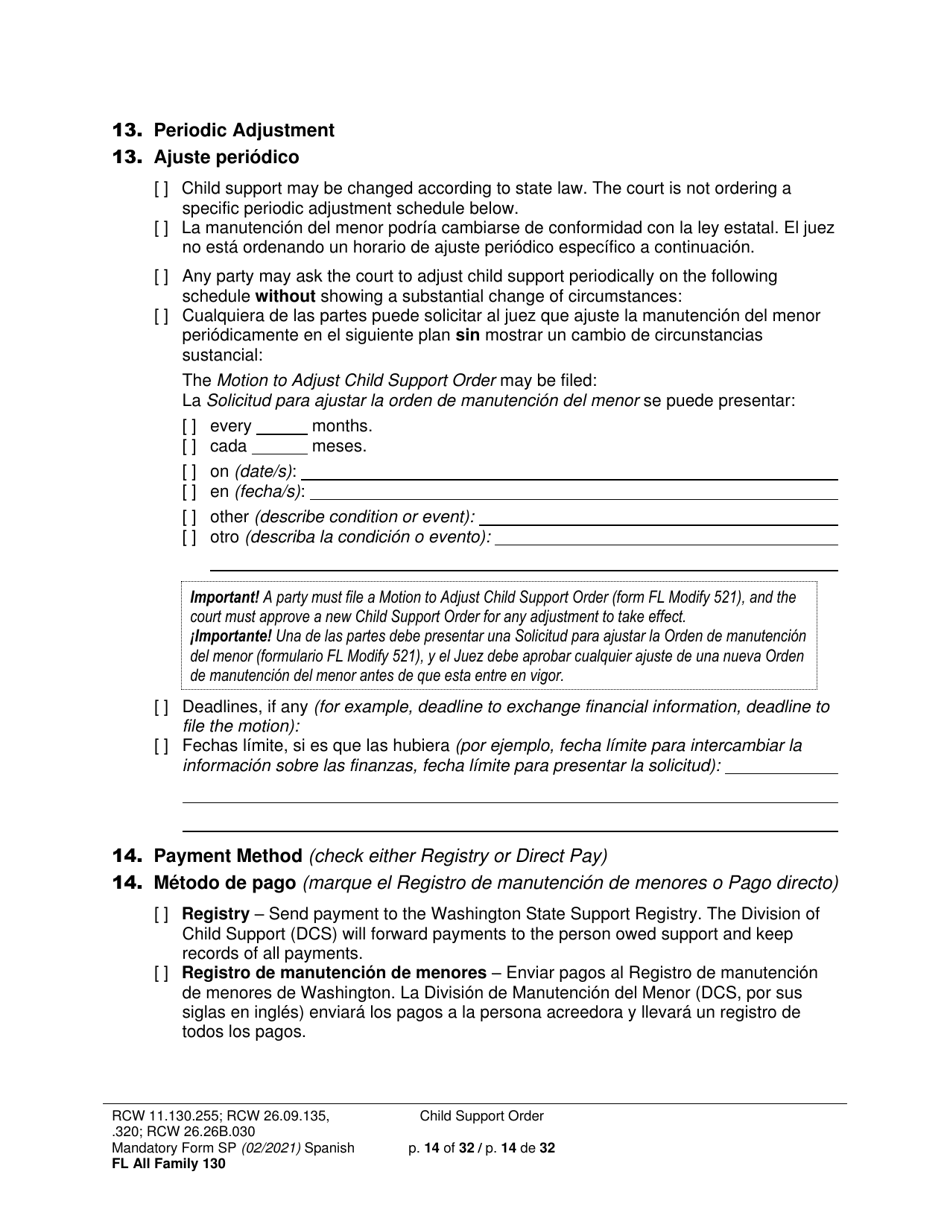 Form FL All Family130 Child Support Order - Washington (English / Spanish), Page 14