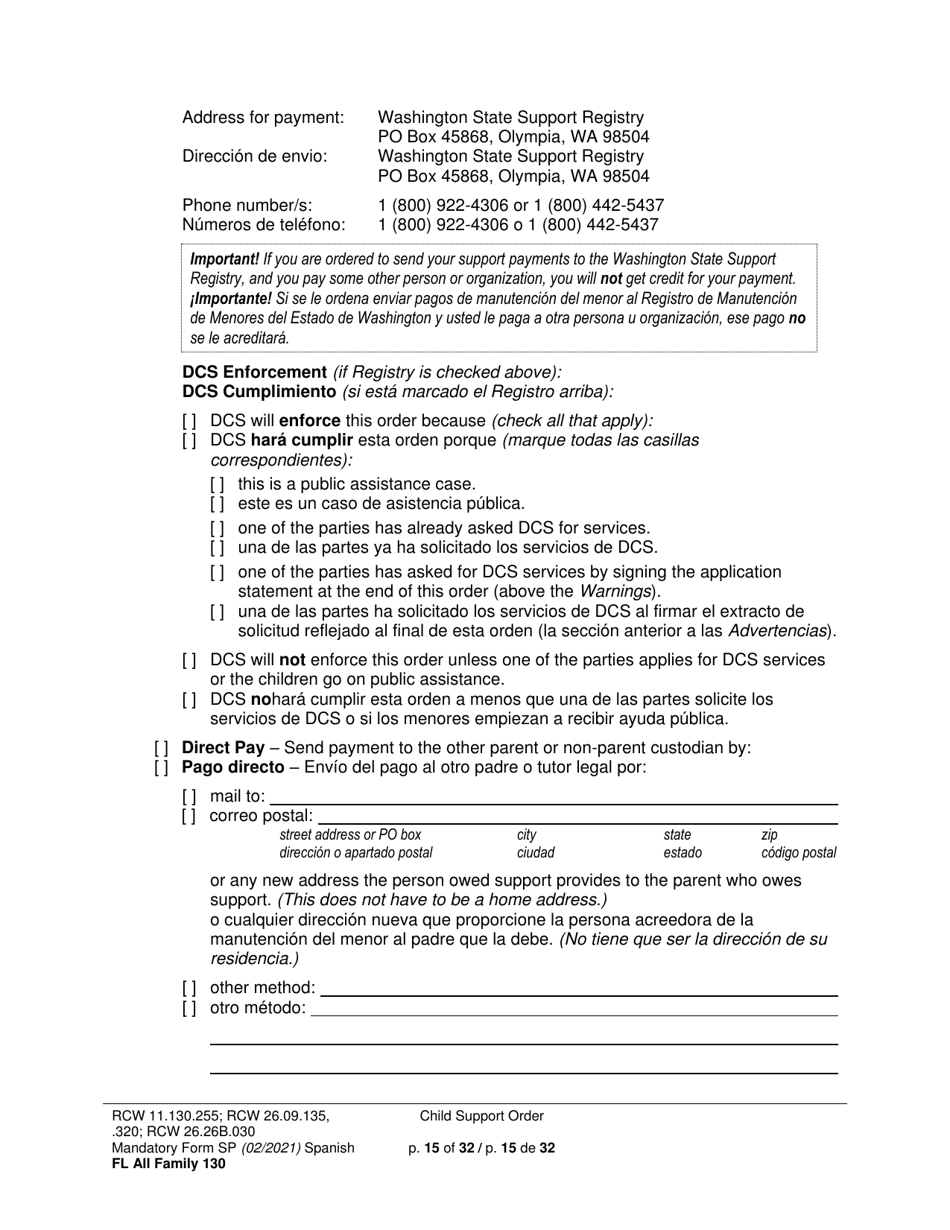 Form FL All Family130 Child Support Order - Washington (English / Spanish), Page 15