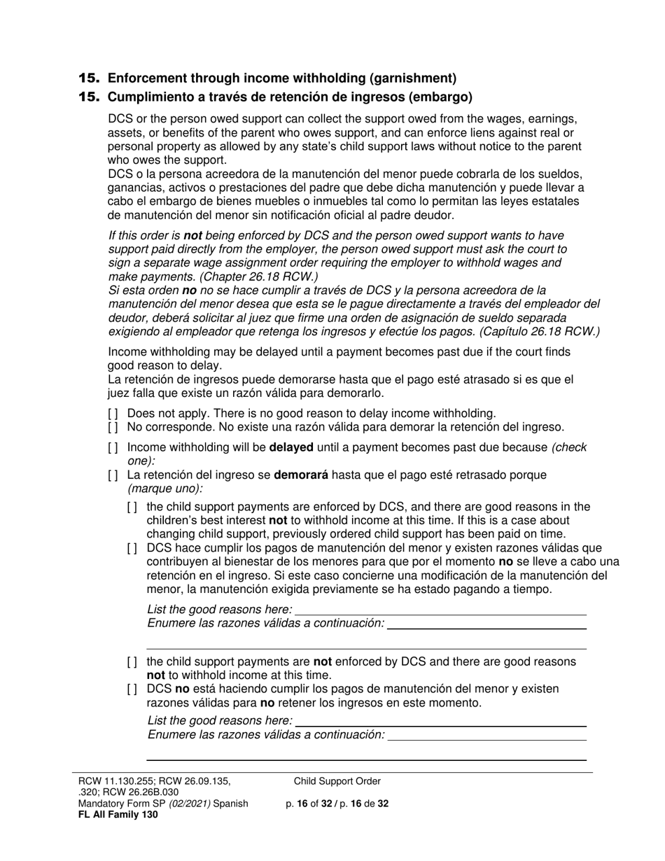 Form FL All Family130 Child Support Order - Washington (English / Spanish), Page 16