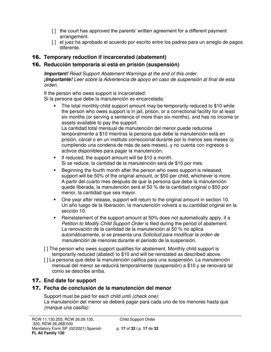 Form FL All Family130 Child Support Order - Washington (English / Spanish), Page 17