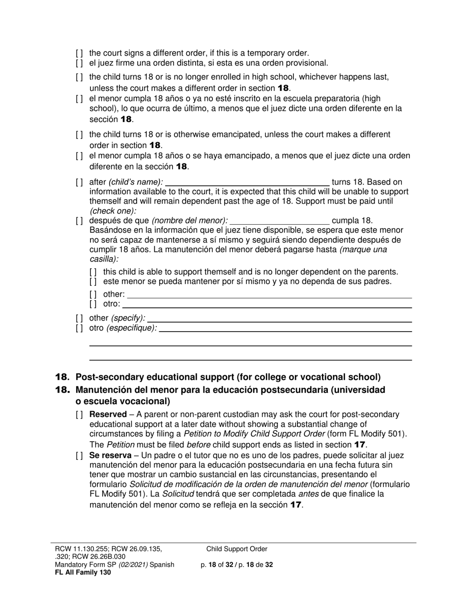 Form FL All Family130 Child Support Order - Washington (English / Spanish), Page 18
