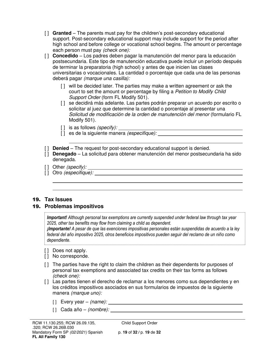 Form FL All Family130 Child Support Order - Washington (English / Spanish), Page 19