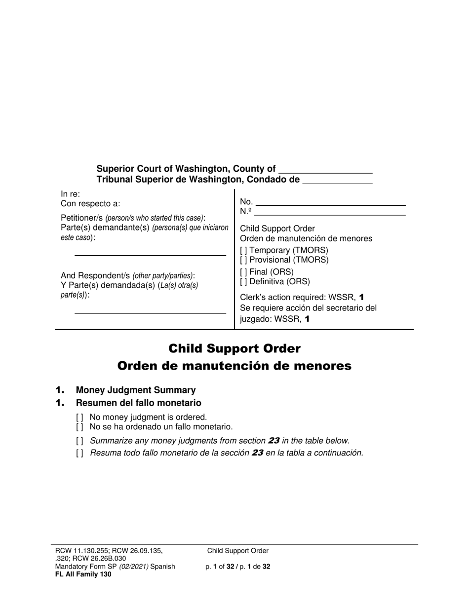 Form FL All Family130 Child Support Order - Washington (English / Spanish), Page 1