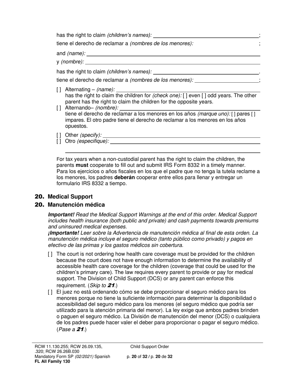 Form FL All Family130 Child Support Order - Washington (English / Spanish), Page 20