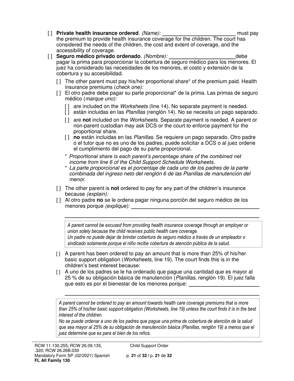 Form FL All Family130 Child Support Order - Washington (English / Spanish), Page 21