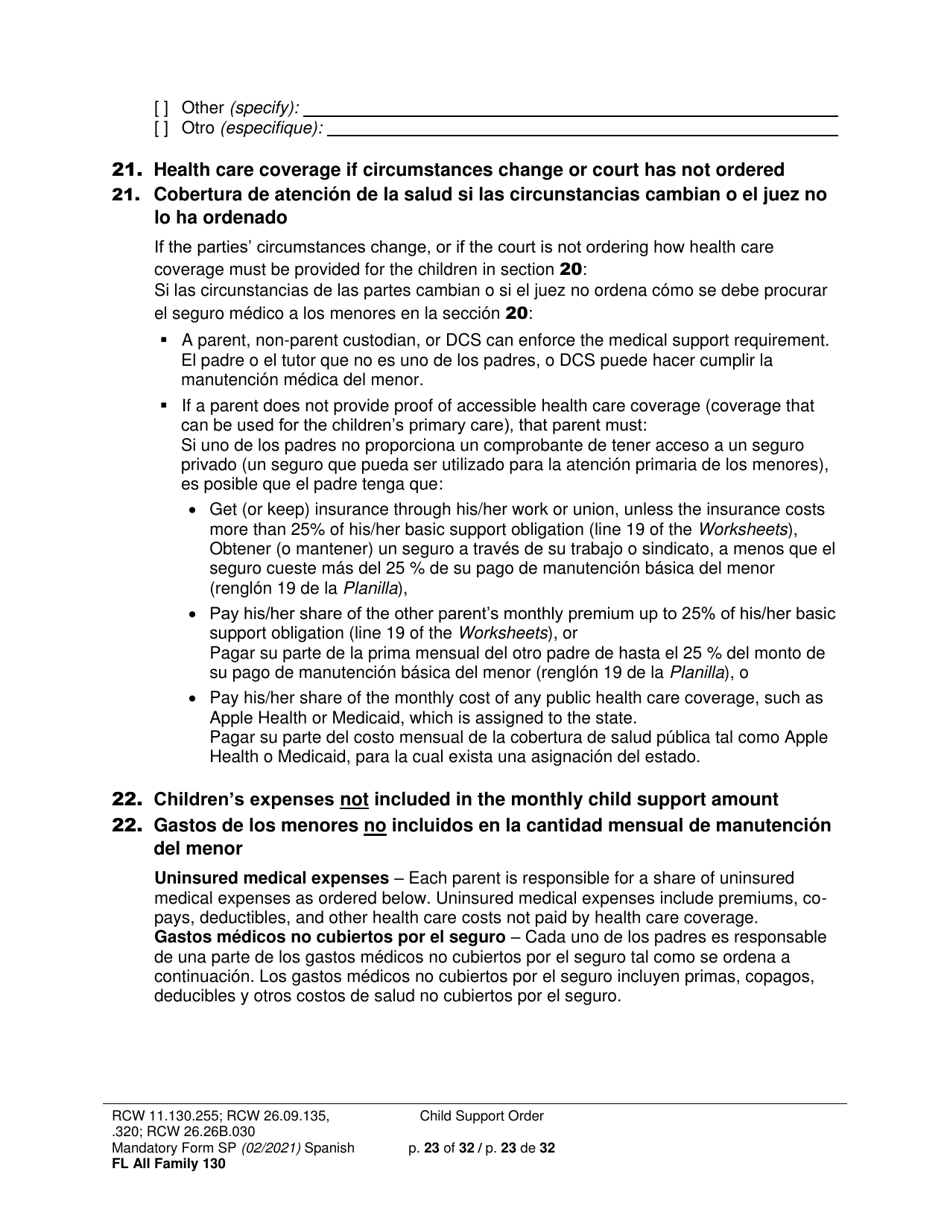Form FL All Family130 Child Support Order - Washington (English / Spanish), Page 23