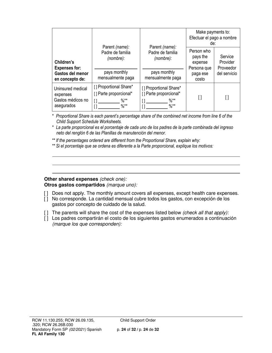 Form FL All Family130 Child Support Order - Washington (English / Spanish), Page 24
