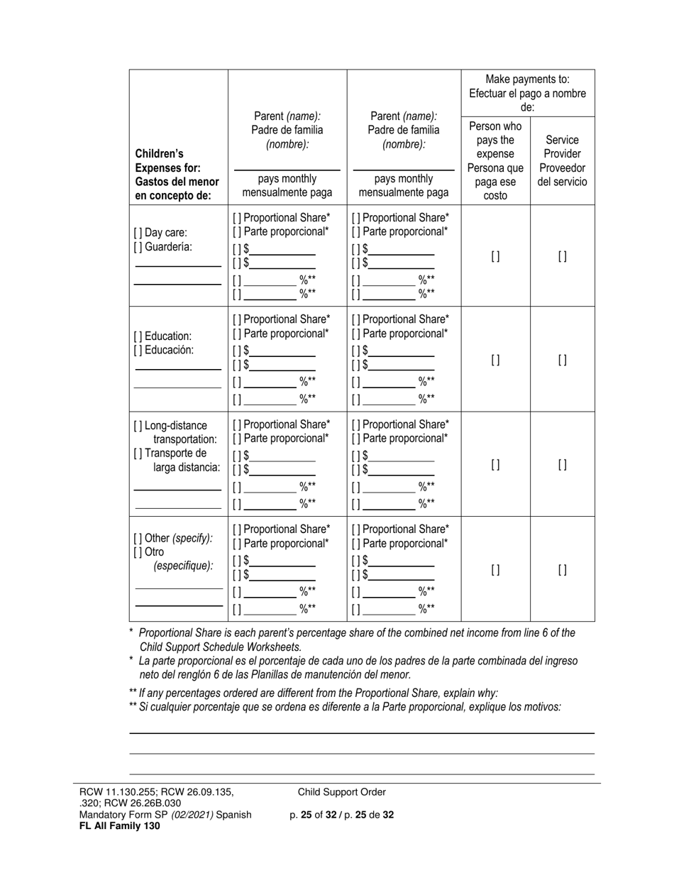 Form FL All Family130 Child Support Order - Washington (English / Spanish), Page 25