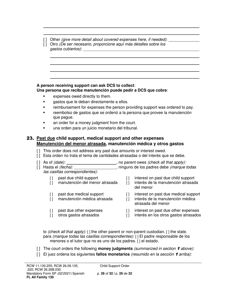 Form FL All Family130 Child Support Order - Washington (English / Spanish), Page 26